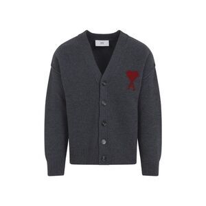 AMI PARIS Men's V-Neck Cardigan with Ami de Coeur Applique Men GREY Sweaters &